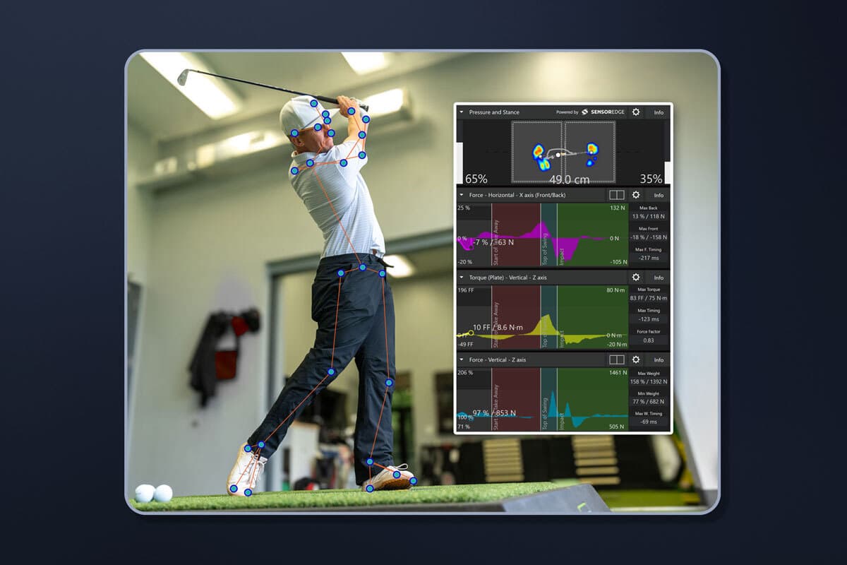 Golfer in studio on sensor plates using Markerless Motion Captrue analysis, with background