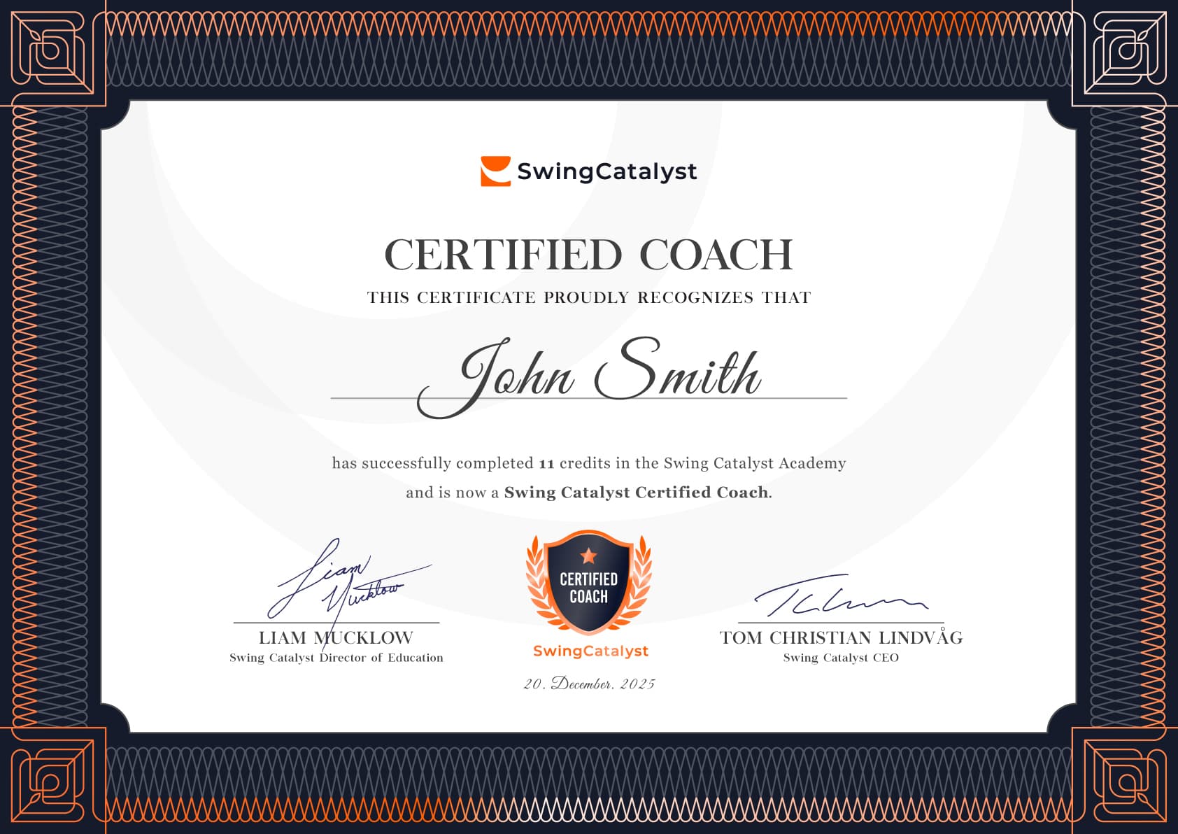 Swing Catalyst Certified Coach Certificate Example